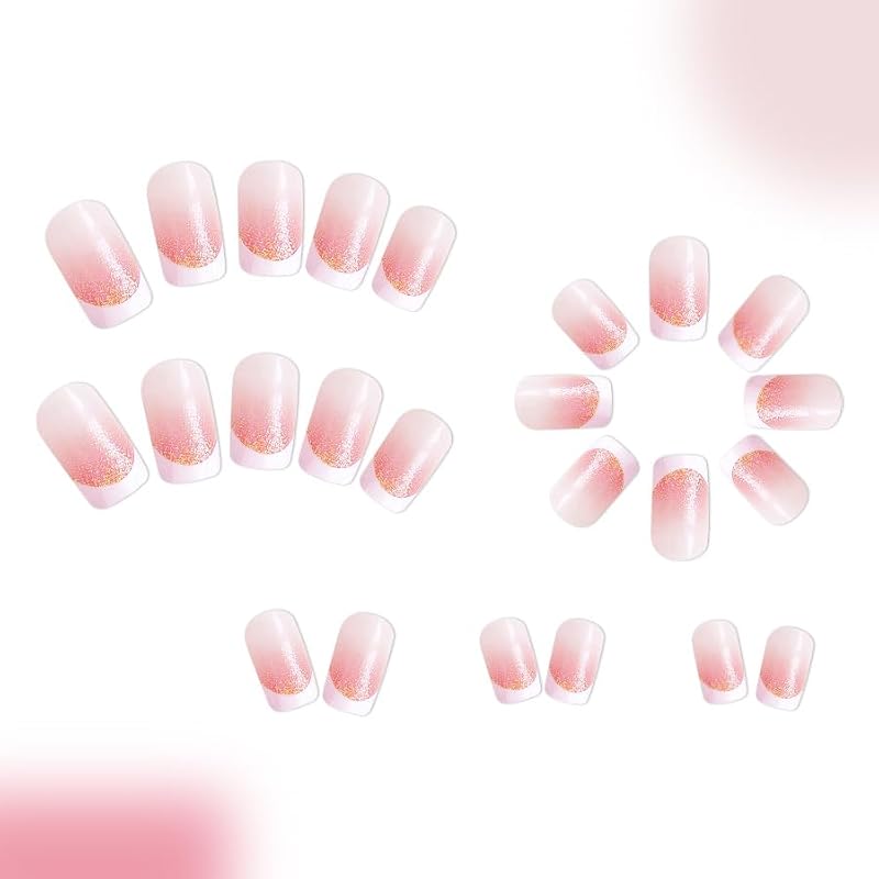 YUEJIMEIGUI Glitter French Tip Short Square Press On Nails 24pcs - Pink & Gold