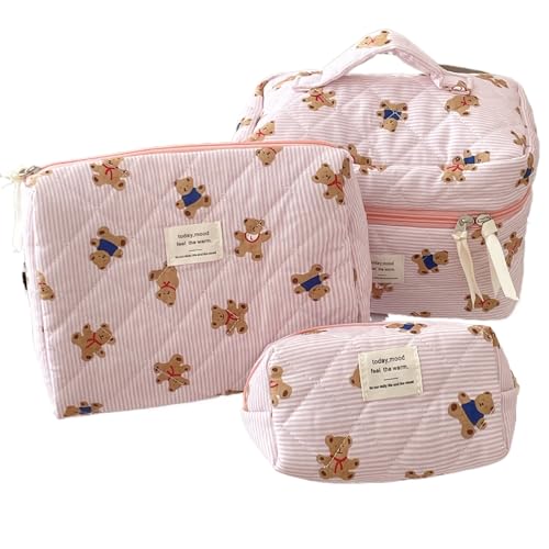 Pink Women Adorable Quilted Cosmetic Bag Set - 3-Piece Travel Makeup Organizer with Zipper