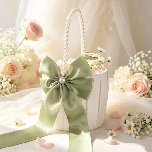 Sage Green Flower Girl Basket with Pearl Handle - Wedding Decor