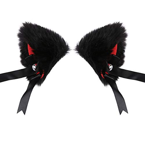 Evermarket Faux Furry Cat Ears Hair Clip with Bell - Cosplay Headband, Black-Inner Red