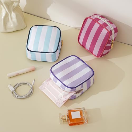 Small Striped Makeup Bag for Purse - Rose Pink Stripes
