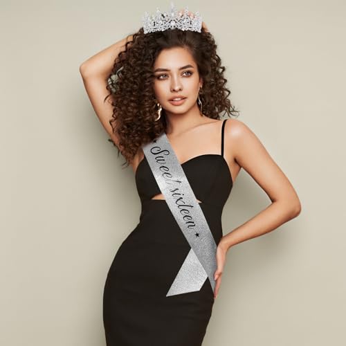 Sweet 16 Birthday Sash and Tiara Set - Crystal Crown for 16th Party