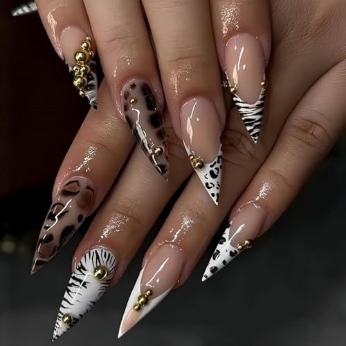 MISUD Long Stiletto Press-On Nails with Cheetah French Tip & Tortoise Design, 24 Pcs
