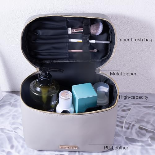 SANHECUN 3-Piece Grey Travel Cosmetic Makeup Bag Set with Organizer and Handles
