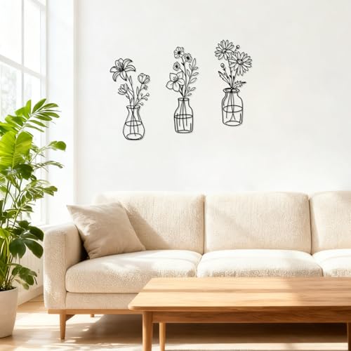 Metal Flower Wall Decor Set - 3 Pcs Wrought Iron Vases for Home