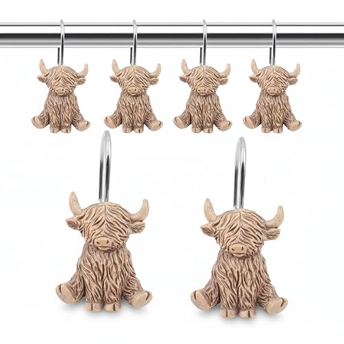 Highland Cow Shower Curtain Hooks - 12 Pack Rustic Bathroom Rings