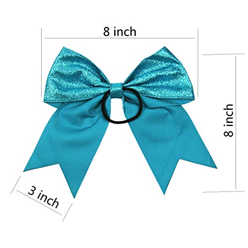 ICObuty Teal 8-Inch Sparkle Glitter Cheerleader Bows - 6 Pack Hair Accessories for Girls & Women