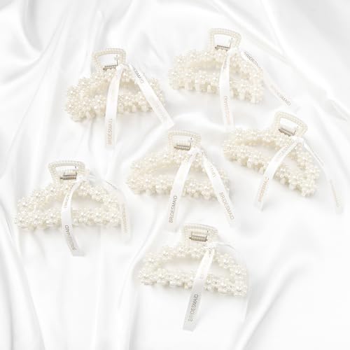 DEEKA 3.7 Inch Pack of 8 Pearl Bridesmaid Hair Claw Clips with Ribbon - Half Circle Bridal Party Favors