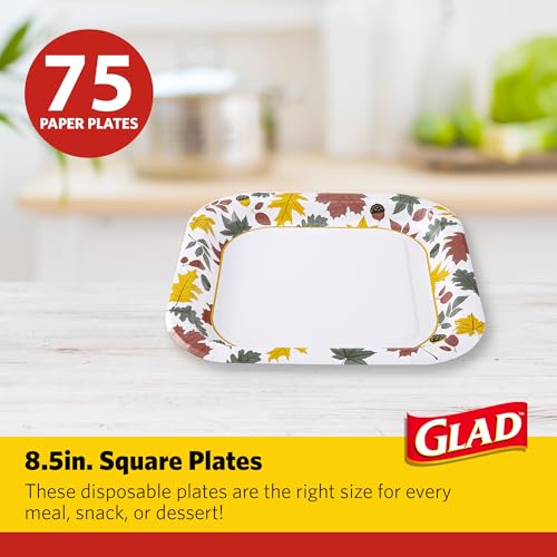 Glad Square Disposable Paper Plates, 8.5 Inch, 75 Count - Soak-Proof & Microwave Safe for Fall Gatherings