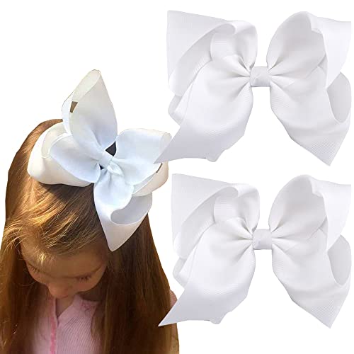 Salocy White 8-Inch Boutique Hair Bows Clips for Girls & Toddlers - Set of 2