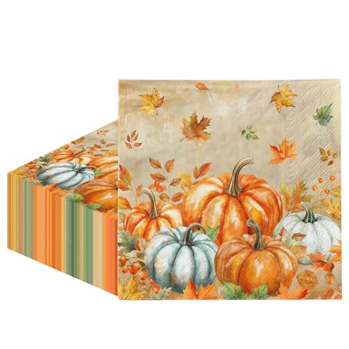 48-Pack Fall Napkins - Watercolor Pumpkin and Maple Design, 6.5x6.5in