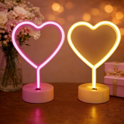 Heart Neon Signs - 2 Pack LED Pink Lights for Home Decor