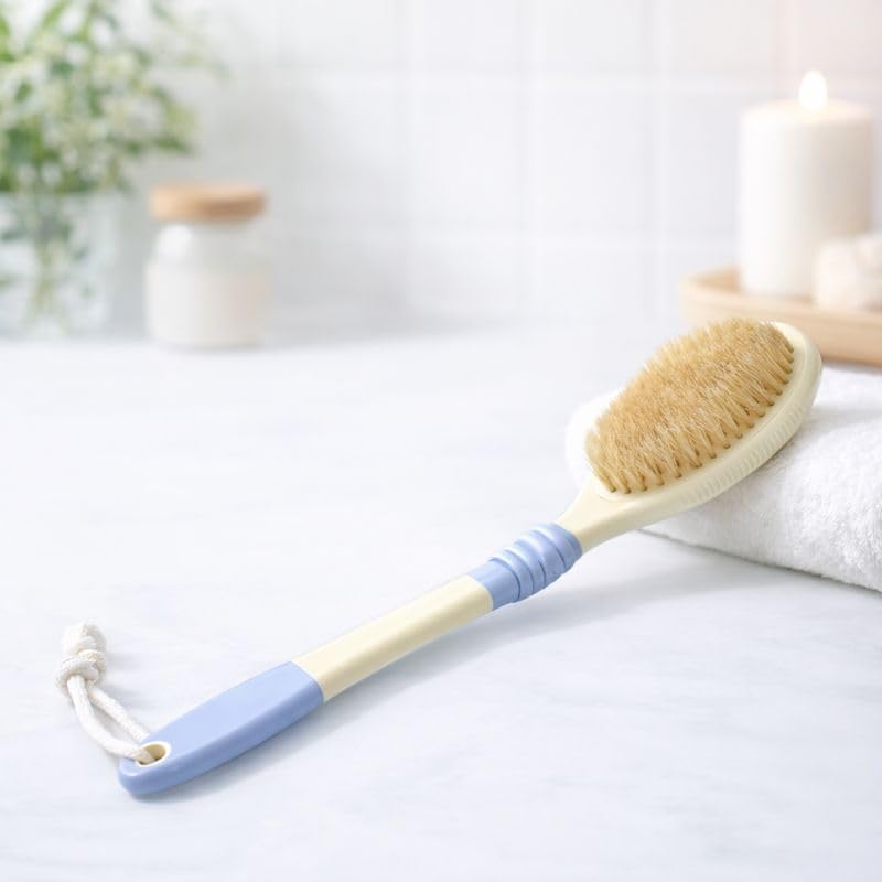 Japanese Back Scrubber with Natural Boar Bristles - Flexible Long Handle Body Brush for Showering