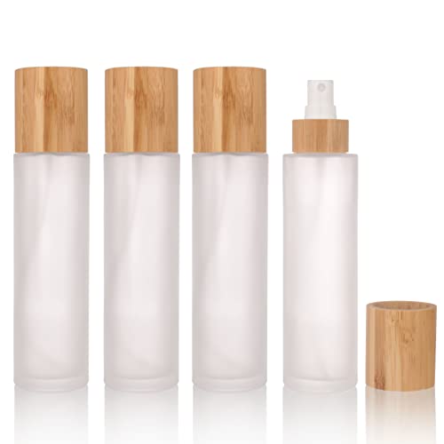 COSIDEA 4oz Frosted Glass Spray Bottles with Bamboo Lids - Liquid Perfume & Cosmetic Containers