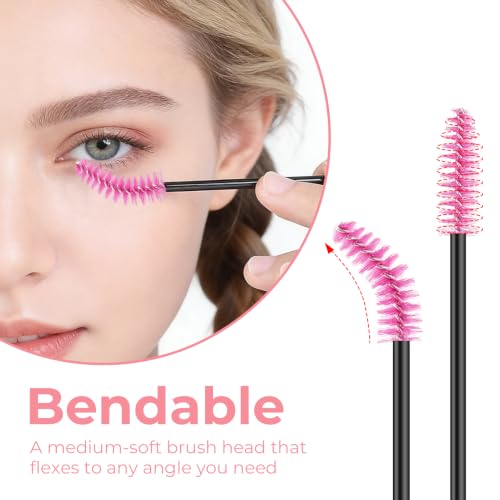 300 Pcs Disposable Eyelash Brush Applicators - Pink Mascara Wands