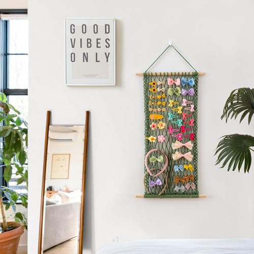 Avocado Green Hair Clip Organizer by Pretty Jolly – Wall-Mounted Boho Macrame Display