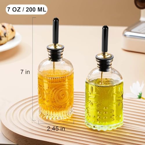 Oil Dispenser Set of 2 - 7 oz Glass Bottles with Metal Pourers