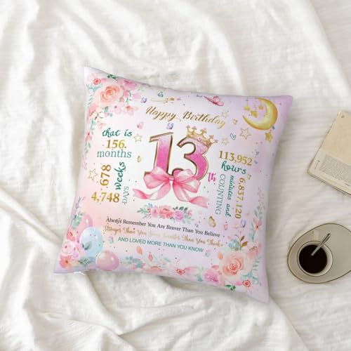 13th Birthday Pillow Cover for Girls - Cute Pink Design, 18x18