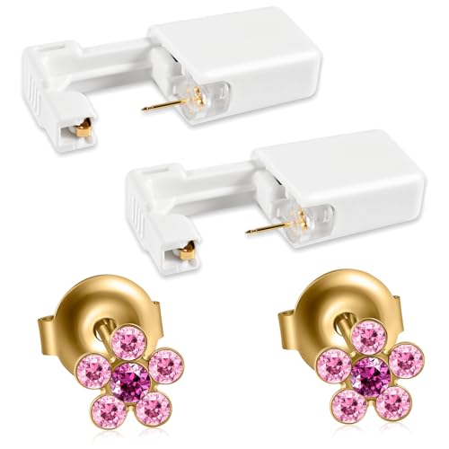 Gold Pink CZ Flower Ear Piercing Gun Kit - Sterile Tragus & Ear Studs for Home Use