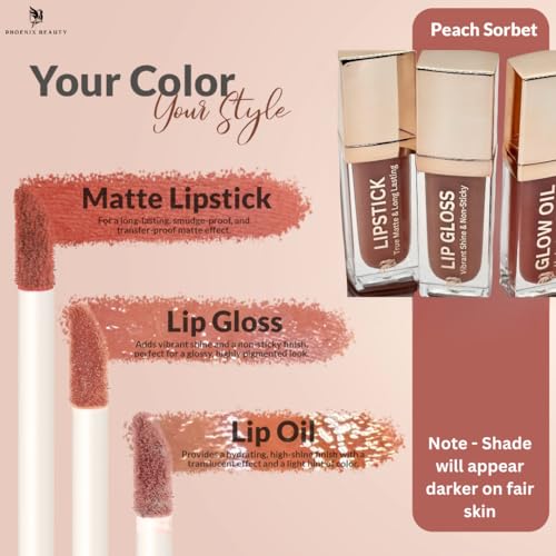 Peach Sorbet Lip Trio – Matte Lipstick, Gloss & Oil Set