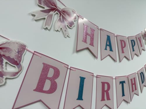 Pink Bow Happy Birthday Decorations Kit - Pre-Strung Banners & Swirls