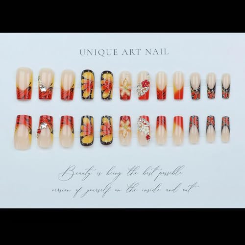 24 Pcs Autumn Butterfly Press-On Nails with 3D Flower Design