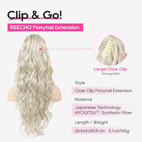 REECHO Platinum Blonde Ponytail Extension 24 Inch Long Curly Clip-In Hairpiece for Women