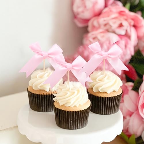 Pink Bow Cupcake Toppers for Baby Showers & Birthday Parties