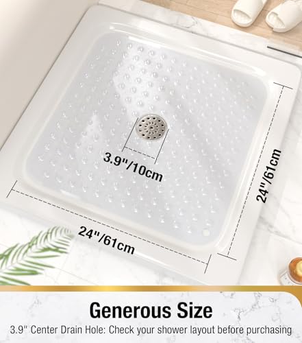 HITSLAM Non-Slip PVC Shower Mat - 24"x24", Clear with Drain Hole