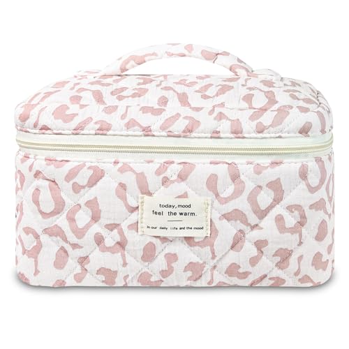 Pink Leopard Print Floral Quilted Makeup Bag for Travel