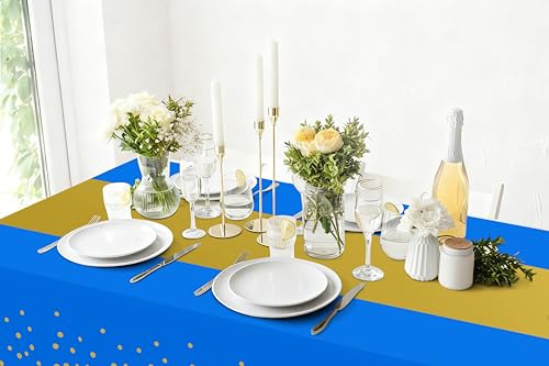 Smiry Disposable Plastic Table Cloths - 3 Pack, 54x108 Inch Waterproof Blue & Gold