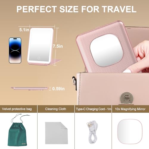Mocado Travel Makeup Mirror with LED Light - Rose Gold, 10x Magnification
