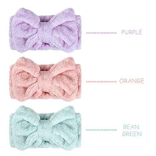 Hicarer 3-Pack Bow Makeup Headbands - Light Orange, Purple, Green, Adjustable, Washable