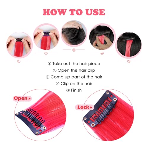 HappClan Red 22 Inch Clip-In Hair Extensions - Colorful Synthetic Rainbow Hairpieces for Girls & Women, Easy DIY Style, Party & Cosplay