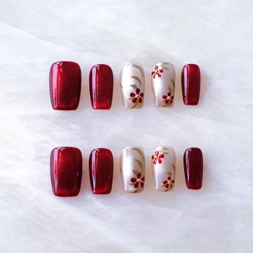 GLORS Red Floral Embroidery Cat Eye Press-On Nails NY_RedFloral Large Set