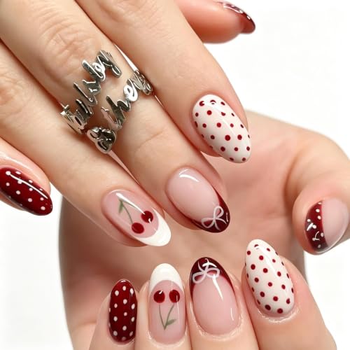 Tiwnefua 144Pcs 6 Styles Polka Dot Press On Nails Medium Almond French Tip