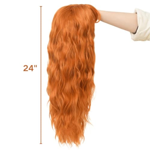 24-Inch Orange Curly Wig with Bangs - Fluffy Synthetic Hair
