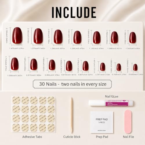 MKM Short Oval Reusable Press On Nails - Glossy Ruby Red Full Cover Fake Nails Kit for Women