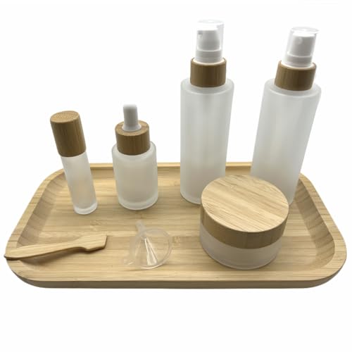 Frosted Glass Cosmetic Containers Kit with Bamboo Cover - 8 pcs Travel Set