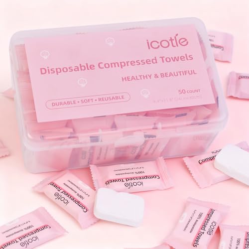 ICOTLE Compressed Towels - 50 Disposable Cotton Face Cloths for Travel & Outdoor Use