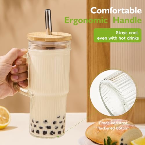 JunVpic 24 oz Glass Tumbler with Bamboo Lid & Handle - Iced Coffee, Smoothies, Tea