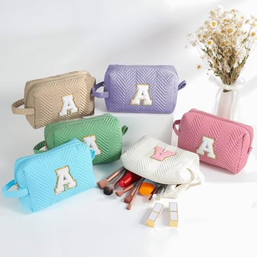 YOOLIFE White L Initial Makeup Bag for Girls - Personalized Gift, Travel Toiletry Organizer