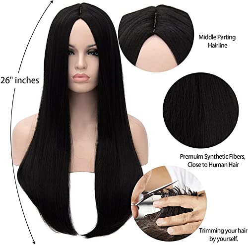 26 Inch Black Long Straight Wig for Women – Middle Part, Heat-Resistant Synthetic Hair, Adjustable Fit, Halloween & Cosplay Costume