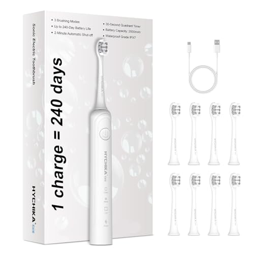 HYCHIKA Rechargeable Electric Toothbrush Snow White, 240-Day Battery Life, 8 Replacement Heads, 3 Modes