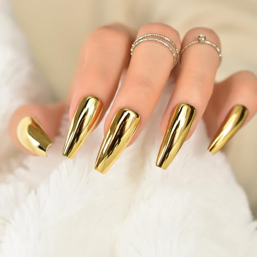 Mirror Gold Metallic Press On Nails Coffin Shape - IKISKT