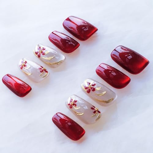 GLORS Red Floral Embroidery Cat Eye Press-On Nails NY_RedFloral Large Set