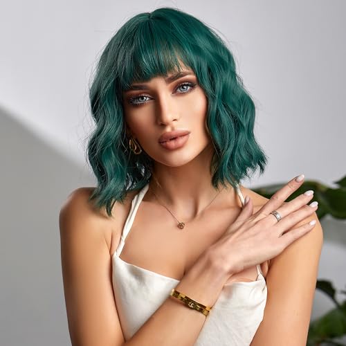 Green Short Curly Wig for Women - 12 Inch Bob with Bangs