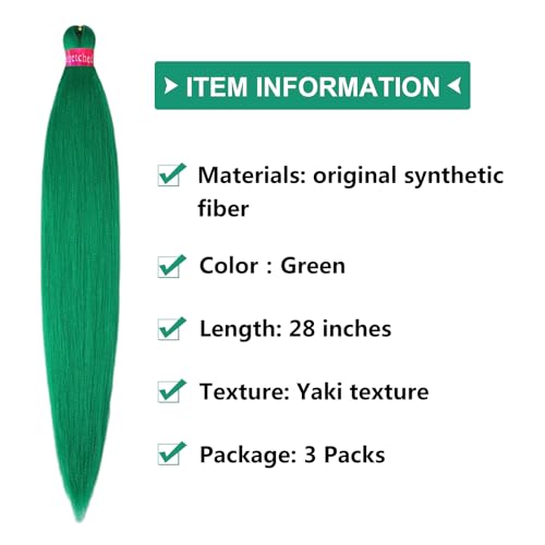 FAYETA 28 Inch Green Pre-Stretched Braiding Hair Extensions - 3 Pack