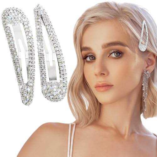 WLLHYF Silver Rhinestone Hair Clips 2Pcs Bling Crystal French Barrettes for Women & Girls