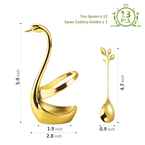 Gold Stainless Steel Swan Dinnerware Set with 12 Leaf Spoons